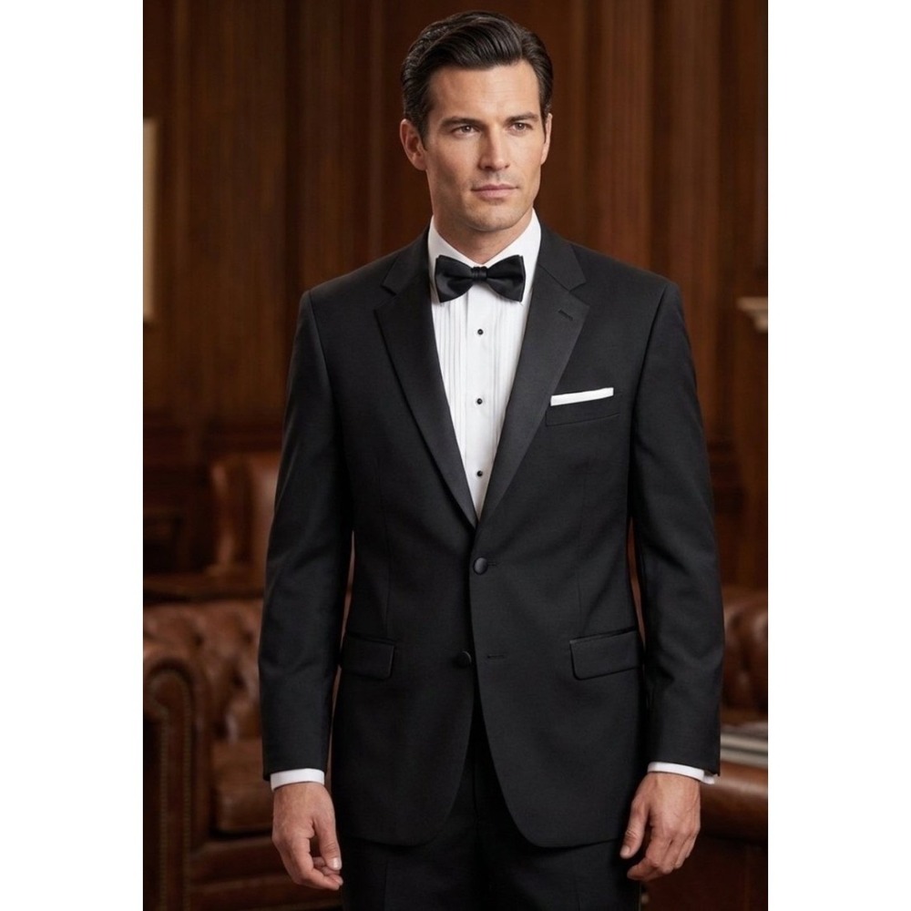 Jones New York Mens Black 100% Wool Tuxedo Jacket Satin Peak Lapel Blazer 52 L